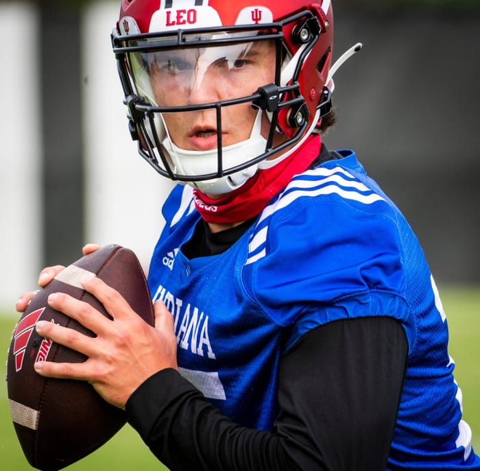 Indiana's Brendan Sorsby (15) does a drill during the first day of fall camp for Indiana football at their practice facilities on Wednesday, Aug. 2, 2023.